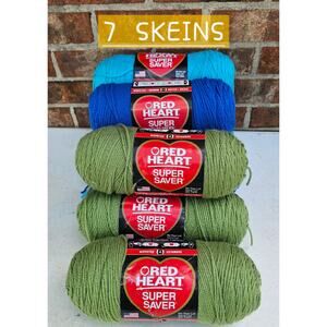 7 Skeins RED HEART Super Saver YARN Green Blue Crochet Knit DIY Craft NEW GIFT